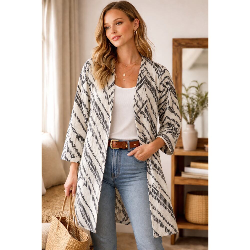 Ikat Cotton Duster Cardigan M Cream Black‎ Boho Tribal Lightweight Jacket